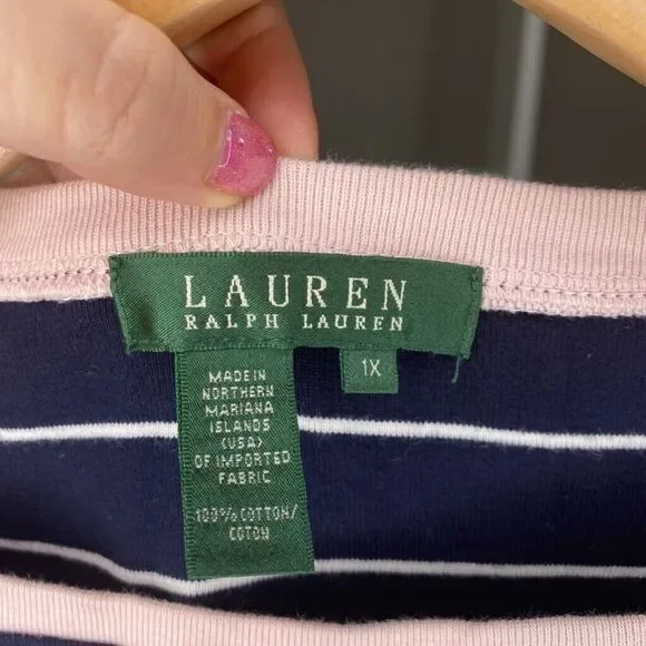 LRL Ralph Lauren Shirt Womens 1X Blue White Striped 3/4 Sleeve Cotton - Picture 6 of 6